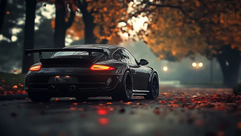 Midnight-black sports car pausing in a quiet autumn glow.