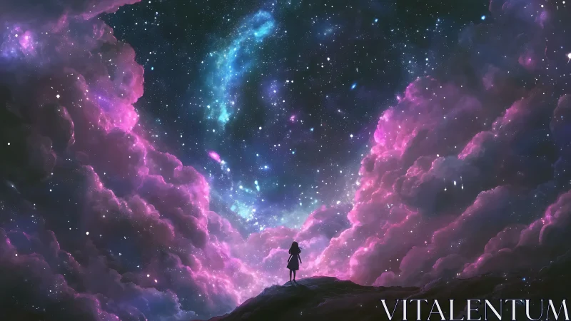 Girl gazes into luminous cosmic clouds and endless starlight.