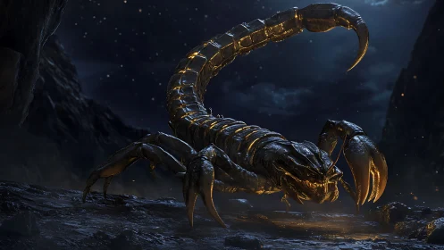 3D cinematic render of armored scorpion in nocturnal cavern.