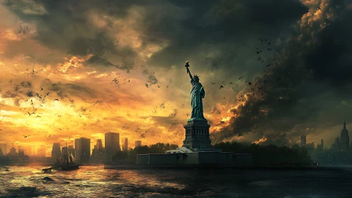 Stormlit Statue of Liberty rises over a burning golden sky