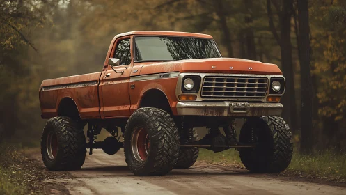 Lifted vintage orange pickup truck stands on forest dirt road
