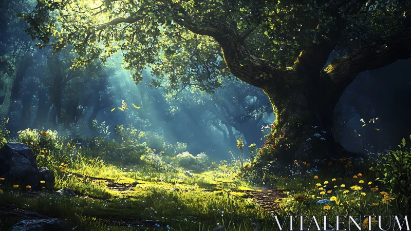 Volumetric Atmospheric Rendering in Enchanted Forest Clearing With Crepuscular Light Rays