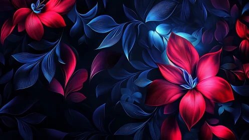 Neon Flowers Against Black. Radiant Digital Blooms.