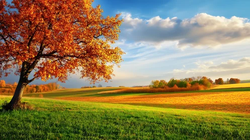 Autumn tree overlooking bright fields under blue sky.