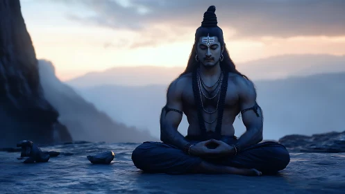 Meditating ascetic seated on cliff at calm mountain dawn.