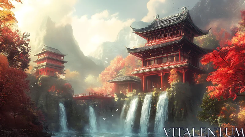 Mountain temple complex rises above cascading forest waterfalls