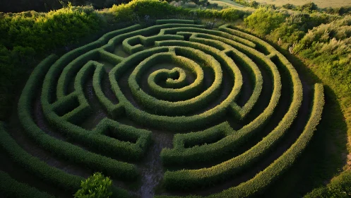 Circular hedge maze forms dense spiral pattern at sunset