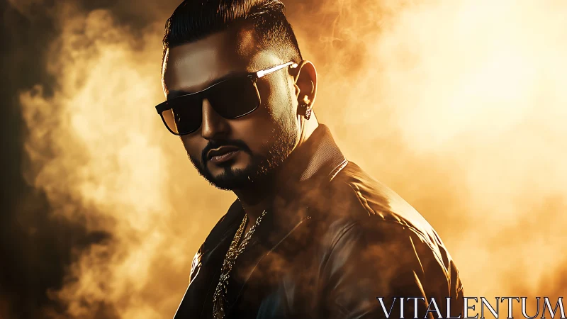 Male subject in leather jacket and sunglasses amid backlight.