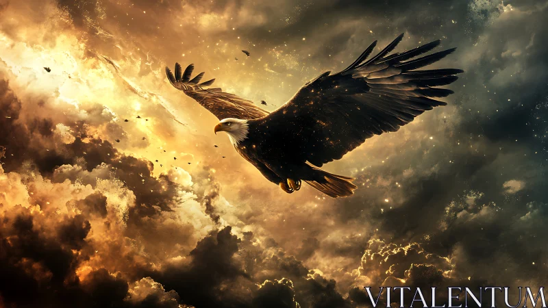 Majestic Bald Eagle Soaring Through Dramatic Golden Sky, Digital Art.