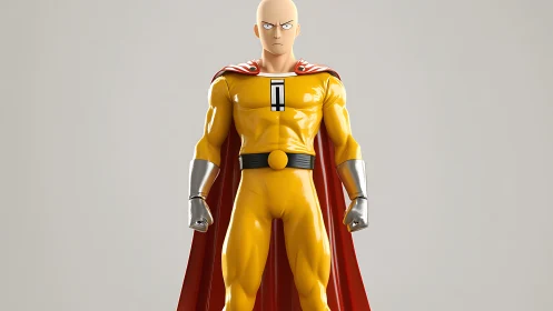 Bald superhero in yellow suit stands in rigid frontal pose