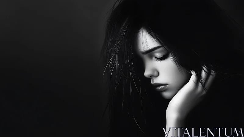 Monochrome side profile of young woman in quiet pose.