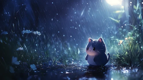 Digital painting of chibi cat under luminous rainy nightscape.