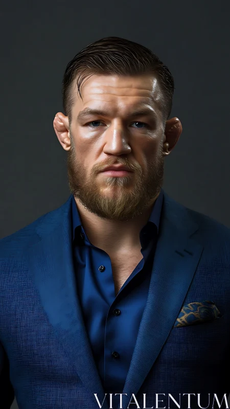 Bearded man in tailored blue suit stares forward