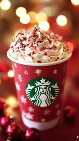 Starbucks holiday cup with whipped cream and sprinkles.
