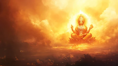 Golden serenity of a radiant goddess above quiet waters.