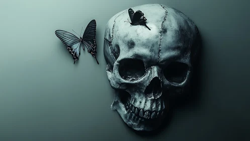 Weathered human skull with two black butterflies in directional light