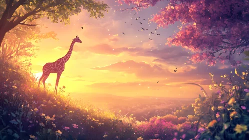 Twilight giraffe lingers where wildflowers sip molten sun