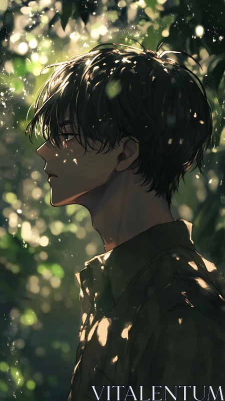 Backlit profile portrait in dappled forest bokeh light.