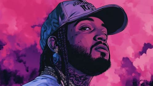 Sideways starlight crowns a defiant portrait in neon clouds