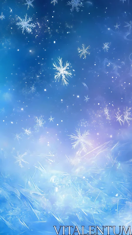 Floating snowflakes drift across a luminous winter sky