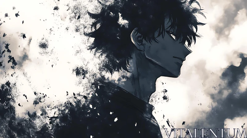 Solitary anime figure dissolves into stormlike ink clouds