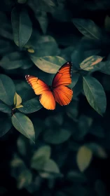 Macro capture of vivid orange butterfly on dark green foliage