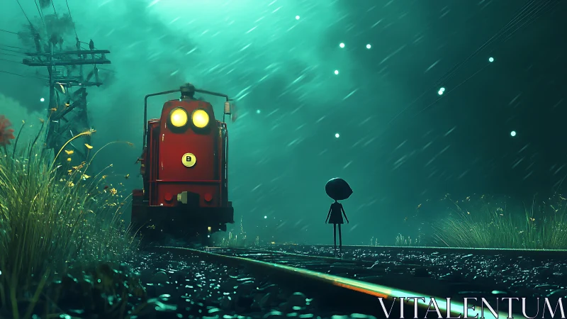 Neon rainlit red locomotive facing silhouetted child figure.