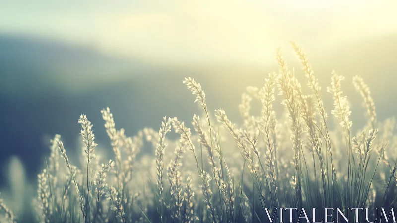Soft dawn light over dewy meadow grasses in bloom.