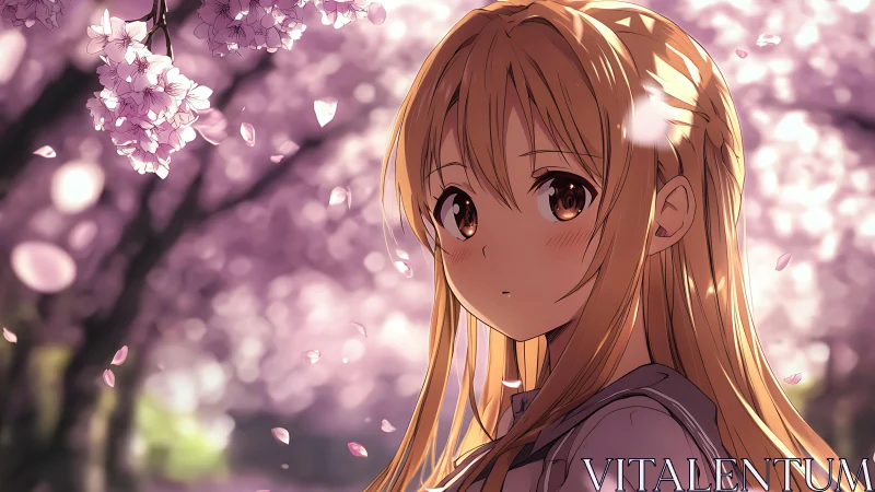 Quiethearted girl beneath drifting cherry blossom weather.