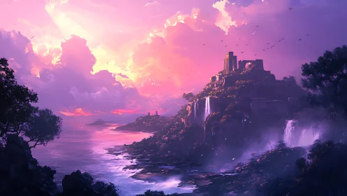 Twilight Cascade: Mystical Realm of Golden Spires and Waterfalls.