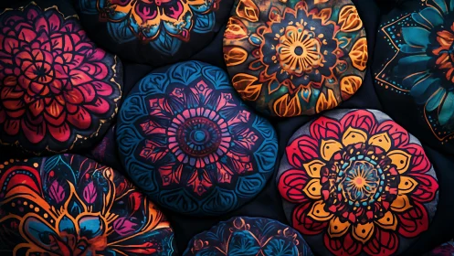 Circular cushions display dense radial mandala patterning