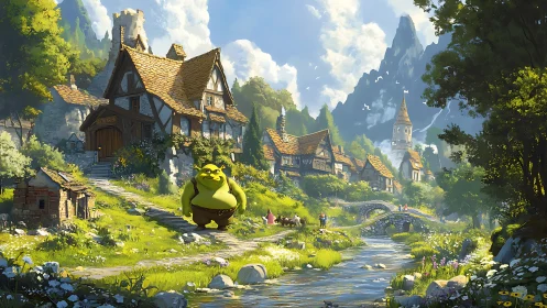 Green ogre in bright medieval riverside village landscape.
