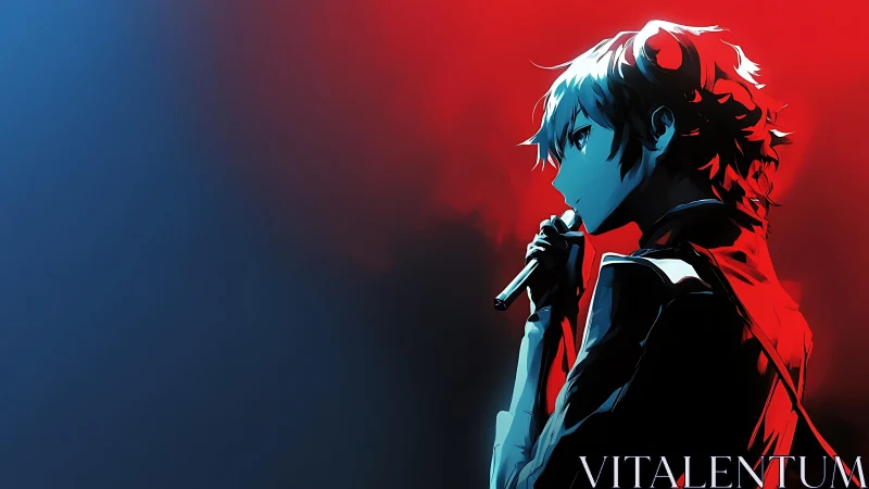 Neon-lit singer carves silhouette between red and blue storms.