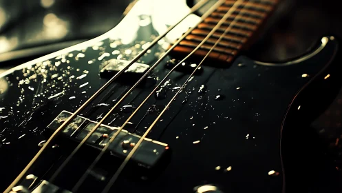 Electric bass guitar glistens under dramatic stage lighting.