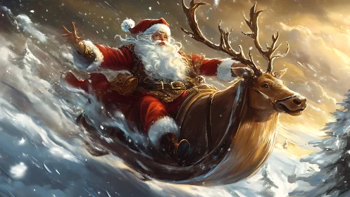 Kinetic Santa and reindeer traversing turbulent snowstorm.