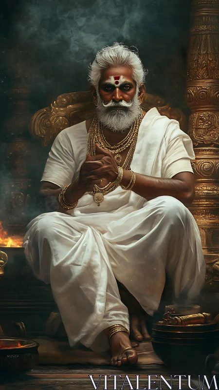 Elderly man sits on ornate throne wearing white draped garment