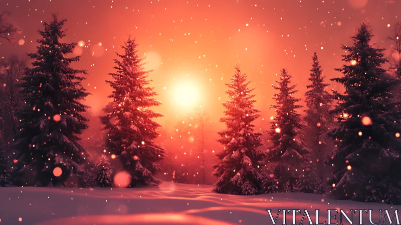 Winter pines glow under a soft, fiery sunset snowfall