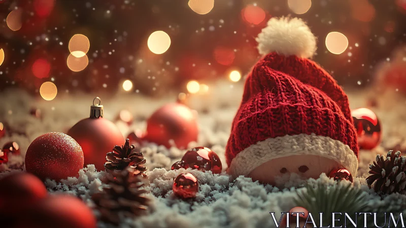 Cozy Christmas gnome nestles among glowing holiday lights