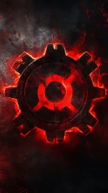 Molten red gear emblem over scorched industrial steel.