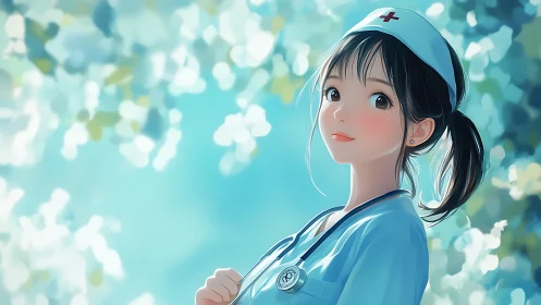 Anime nurse portrait under soft teal bokeh light.