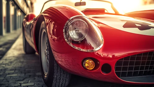 Low-angle study of a glossy red vintage racing roadster at sunset