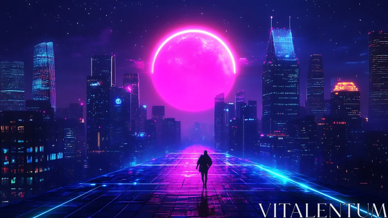Neon city wanderer under a glowing pink cyber moon.