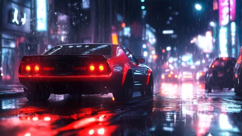 Red sports car idles in wet neon city street at night