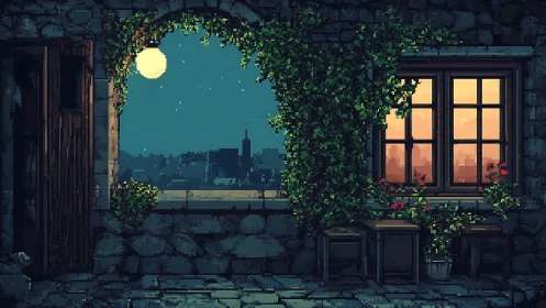 Moonlit balcony pixels and sunset window glow in duet.