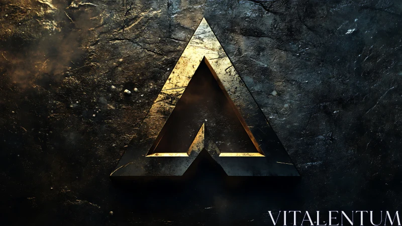 Metallic triangular emblem on dark textured surface.