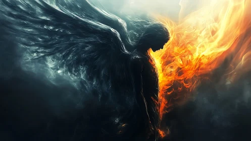 Dark winged figure against bright swirling fire and smoke.
