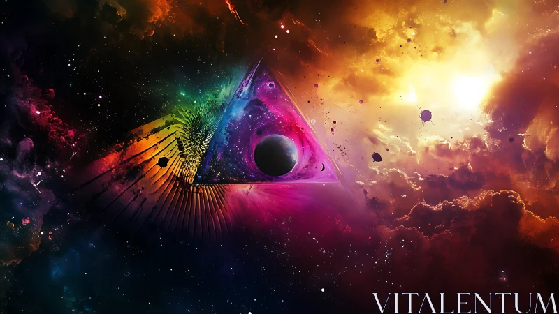 Prismatic cosmic triangle cradles an eclipsed dreamworld sky.