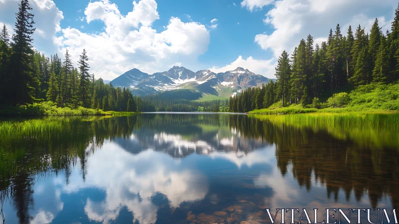Symmetric alpine lake reflection under cumuliform daylight rendering.