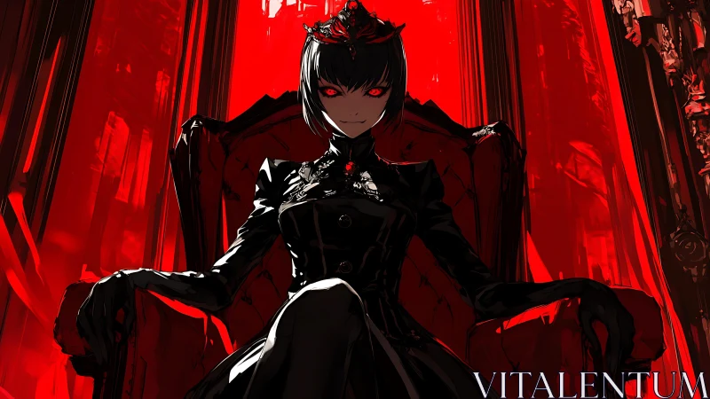 Dark throne queen in red-lit gothic anime chamber.