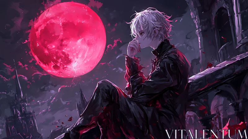 Thoughtful night wanderer beneath a haunting crimson moon.